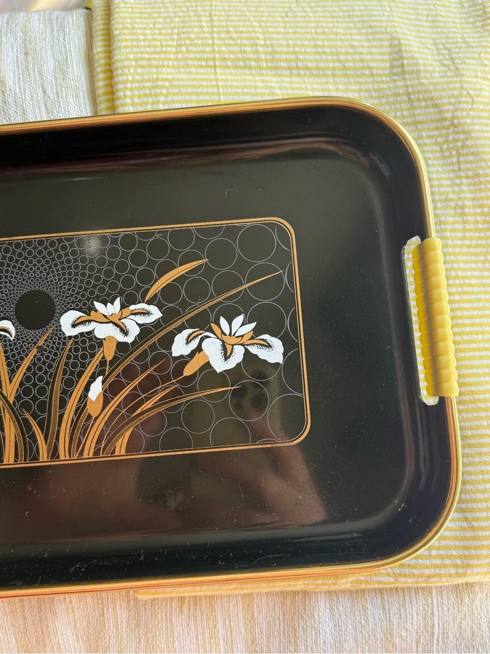 Black vintage 80’s Floral Melamine trinket Tray with Yellow iris flower Accents